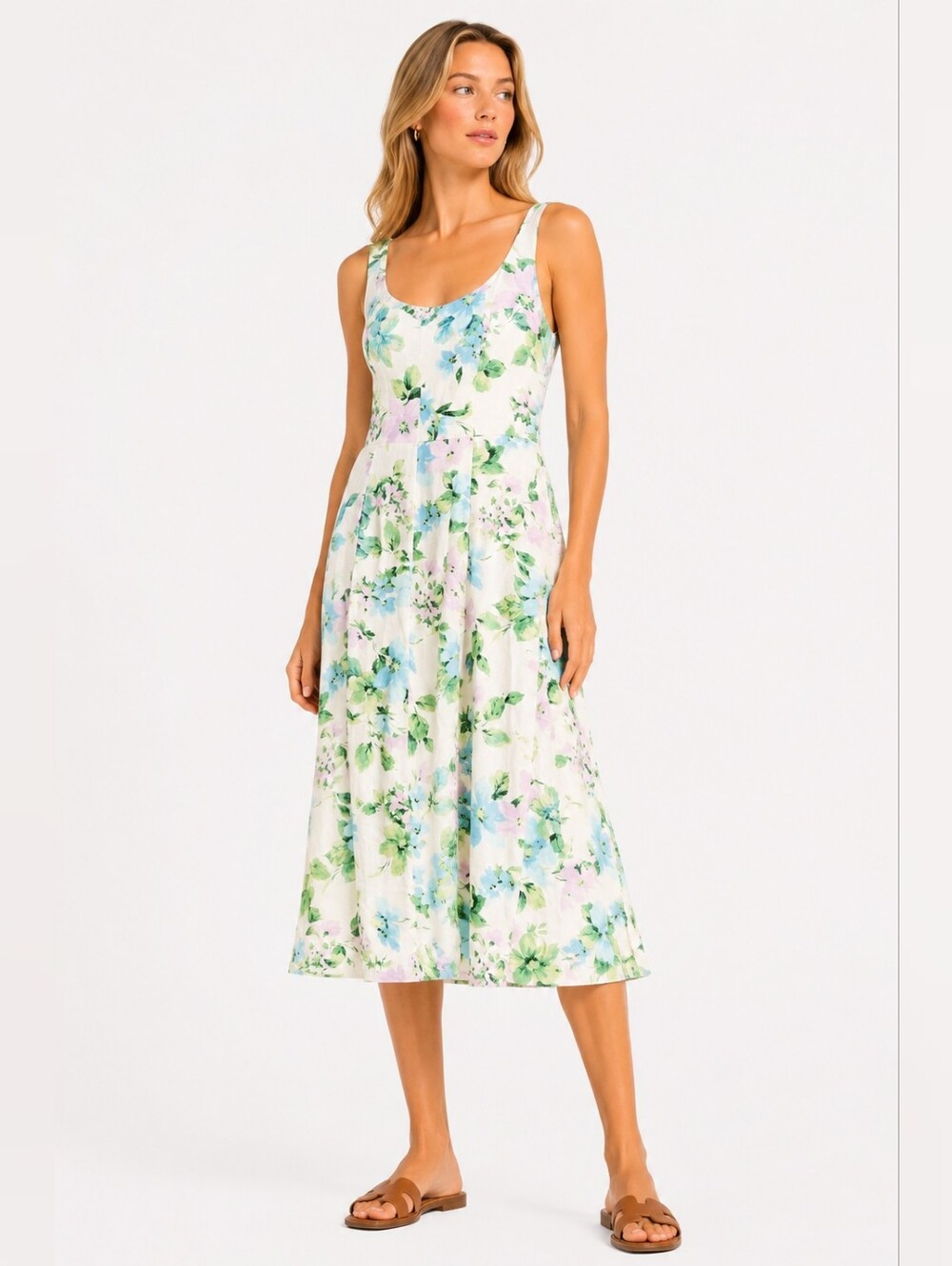 Old Navy Size XS Linen Floral Scoop-Neck Midi Dress in Green and Blue
